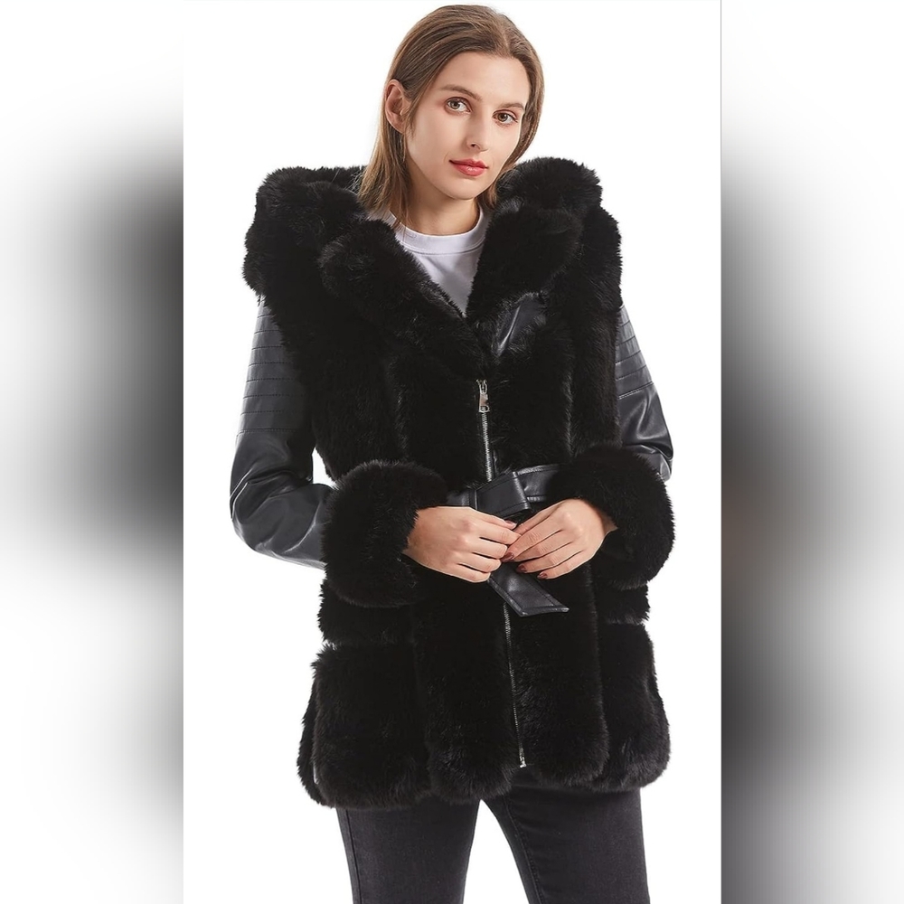 *GRAN ORIENTE Faux Leather Jacket w/ Faux Fur  Collar Parka with Belt